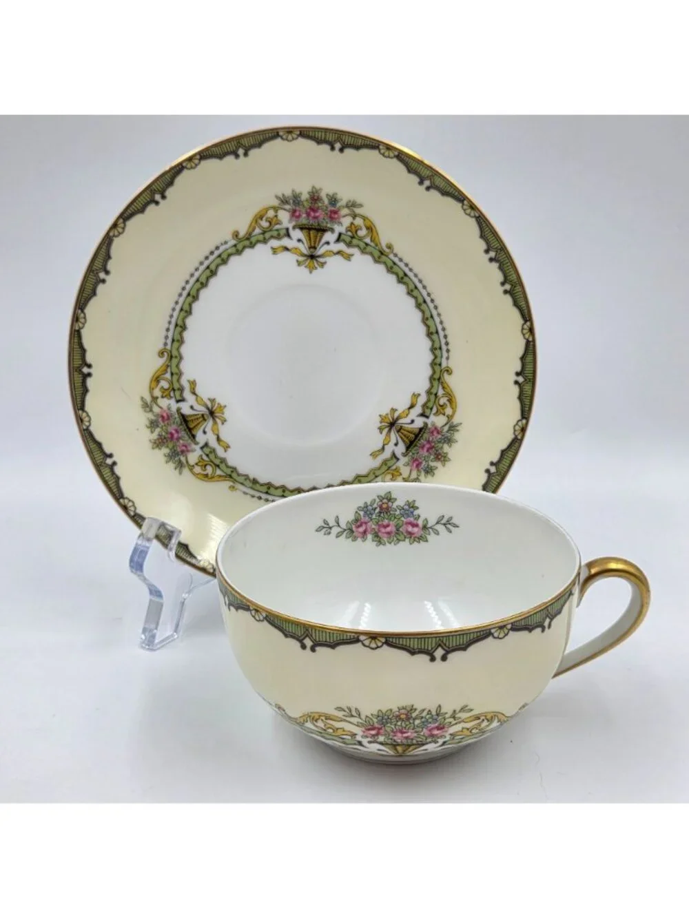 Noritake Penelope Set of 4 Flat Cup & Saucer Set Green Pink Roses Gold Trim